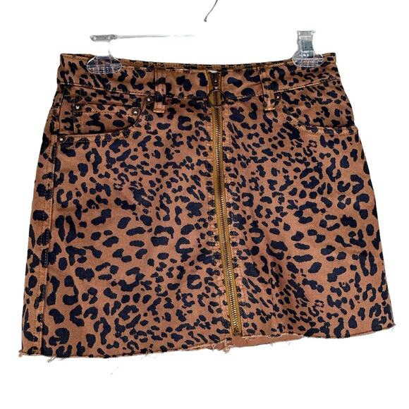 Free People Leopard Denim Mini Skirt Size 24 Brown Animal Print Coquette Mobwife - Picture 4 of 7